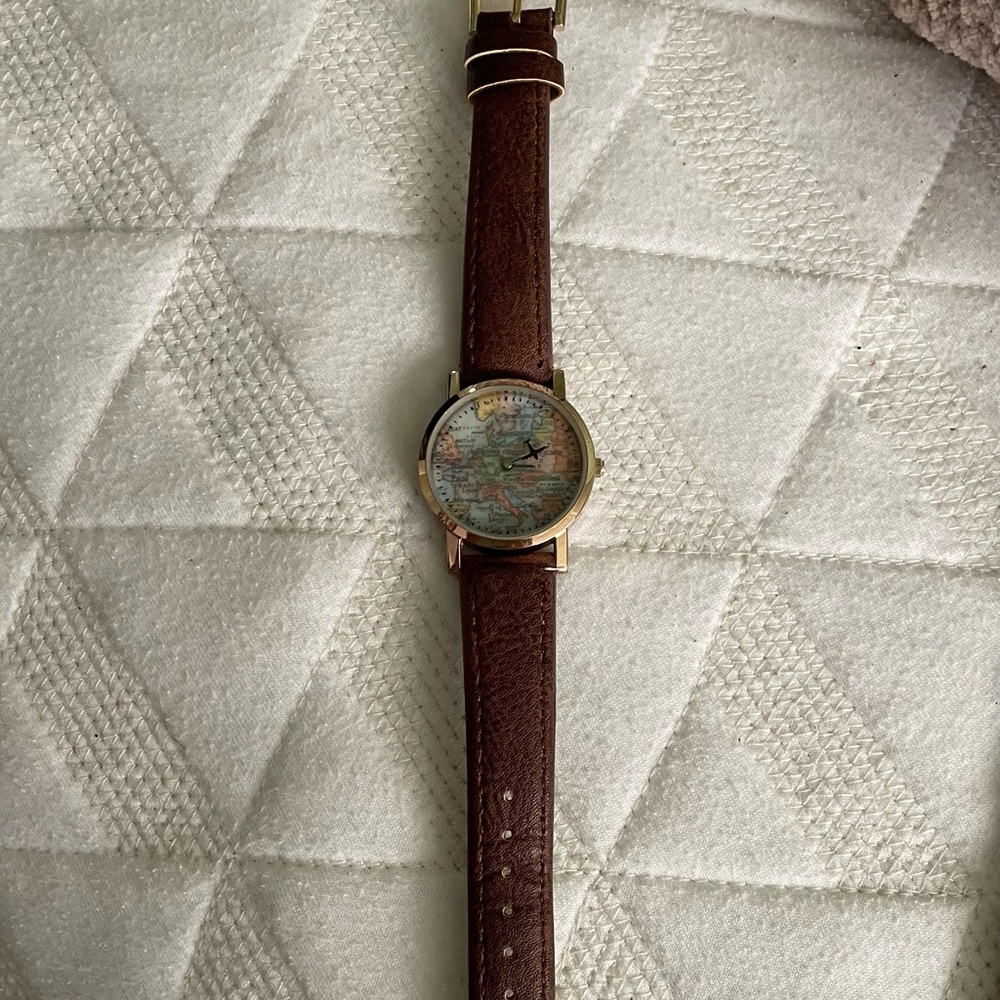 Womens faux leather world map watch